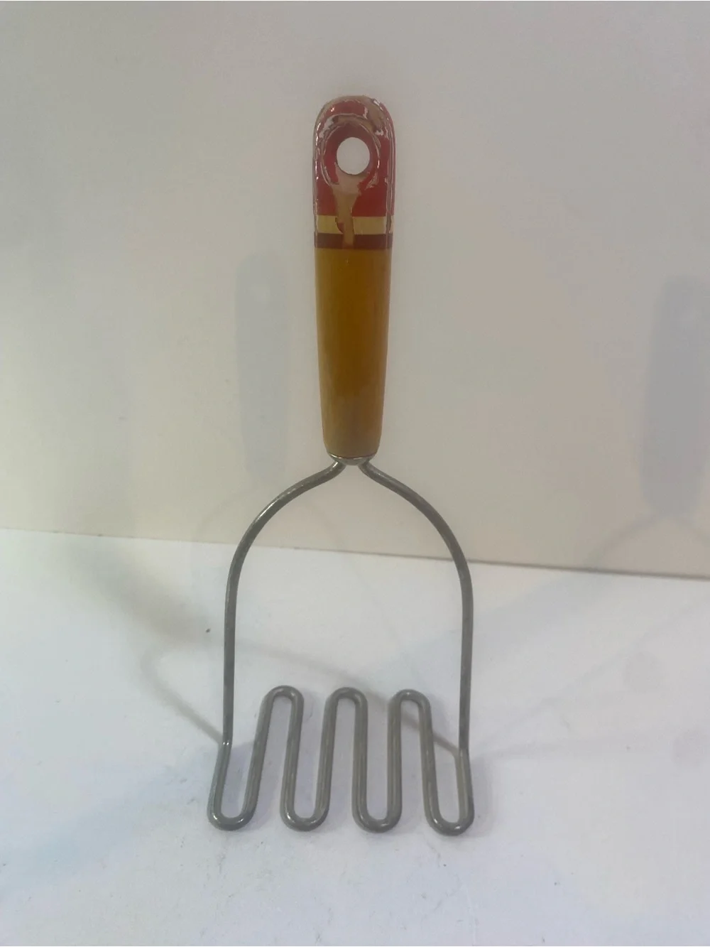 Vintage Wooden Striped Handle Potato Masher Chips On Paint